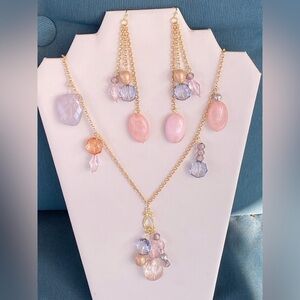 Handmade Gold and Pink Tone Necklace and Earrings Set